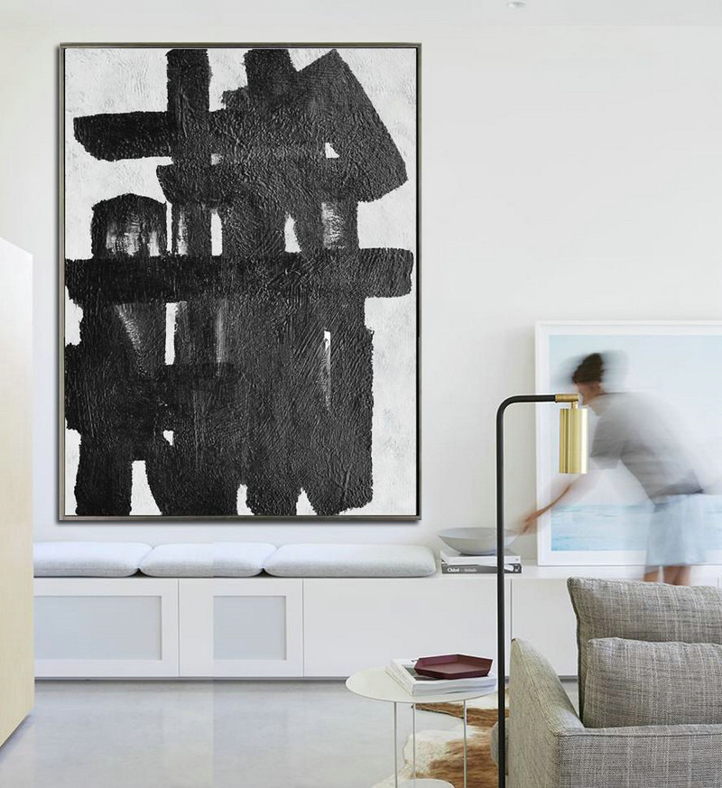 Large Abstract Art Handmade Oil Painting,Black And White Minimal Painting On Canvas - Giant Wall Decor